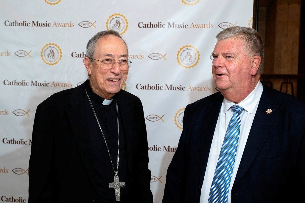 Cardinal Óscar Rodríguez Maradiaga stands with Ricardo Grzona, executive president of the Ramón Pane Foundation, at the first ever Catholic Music Awards on July 27, 2025 in Rome.