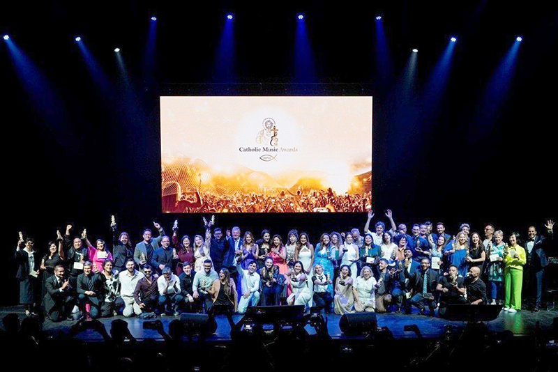 Singers, songwriters, composers, producers, and sound engineers pose together at the conclusion of the first ever Catholic Music Awards, held at Rome's Auditorium Conciliazione July 27, 2025.