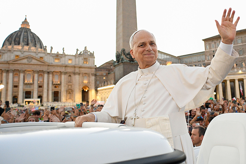Pope Leo XIV greets visitors and pilgrims from the popemobile as he rides through St. Peter’s Square at the conclusion of an evening Mass celebrated by Archbishop Rino Fisichella, pro-prefect of the Dicastery for Evanglization, as part of the Jubilee of Youth at the Vatican July 29, 2025.