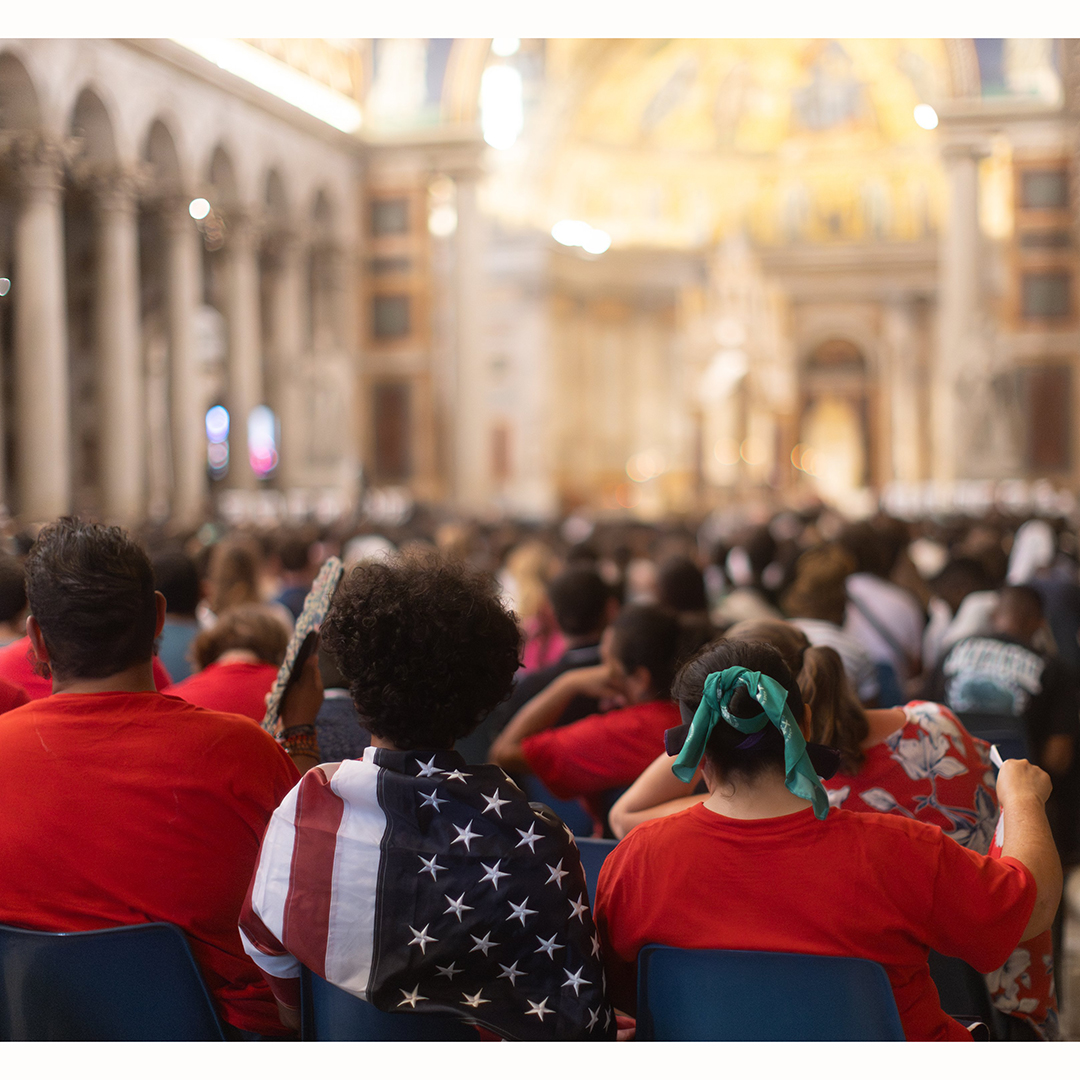 Pilgrims pray during a holy hour of Eucharistic adoration at the Basilica of St. Paul Outside the Walls in Rome July 30, 2025. The prayer service was part of the USA National Jubilee Pilgrim Gathering during the Jubilee of Youth. (CNS photo/Kendall McLaren)