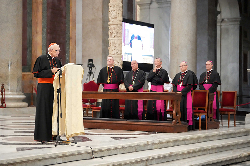 Cardinal James Harvey, archpriest of the Basilica of St. Paul Outside the Walls, offers remarks at the start of the USA National Jubilee Pilgrim Gathering in Rome July 30, 2025. The event, part of the Jubilee of Youth, included the veneration of the relics of 12 saints and blesseds.