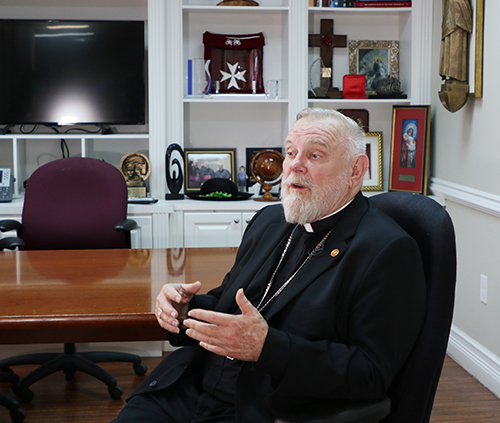 Archbishop Thomas Wenski speaks about the first Mass celebrated at the Alligator Alcatraz Detention Center, Aug. 5, 2025, at the Pastoral Center in Miami Shores. A diocesan priest celebrated the Mass on August 2, and about 150 detainees attended.