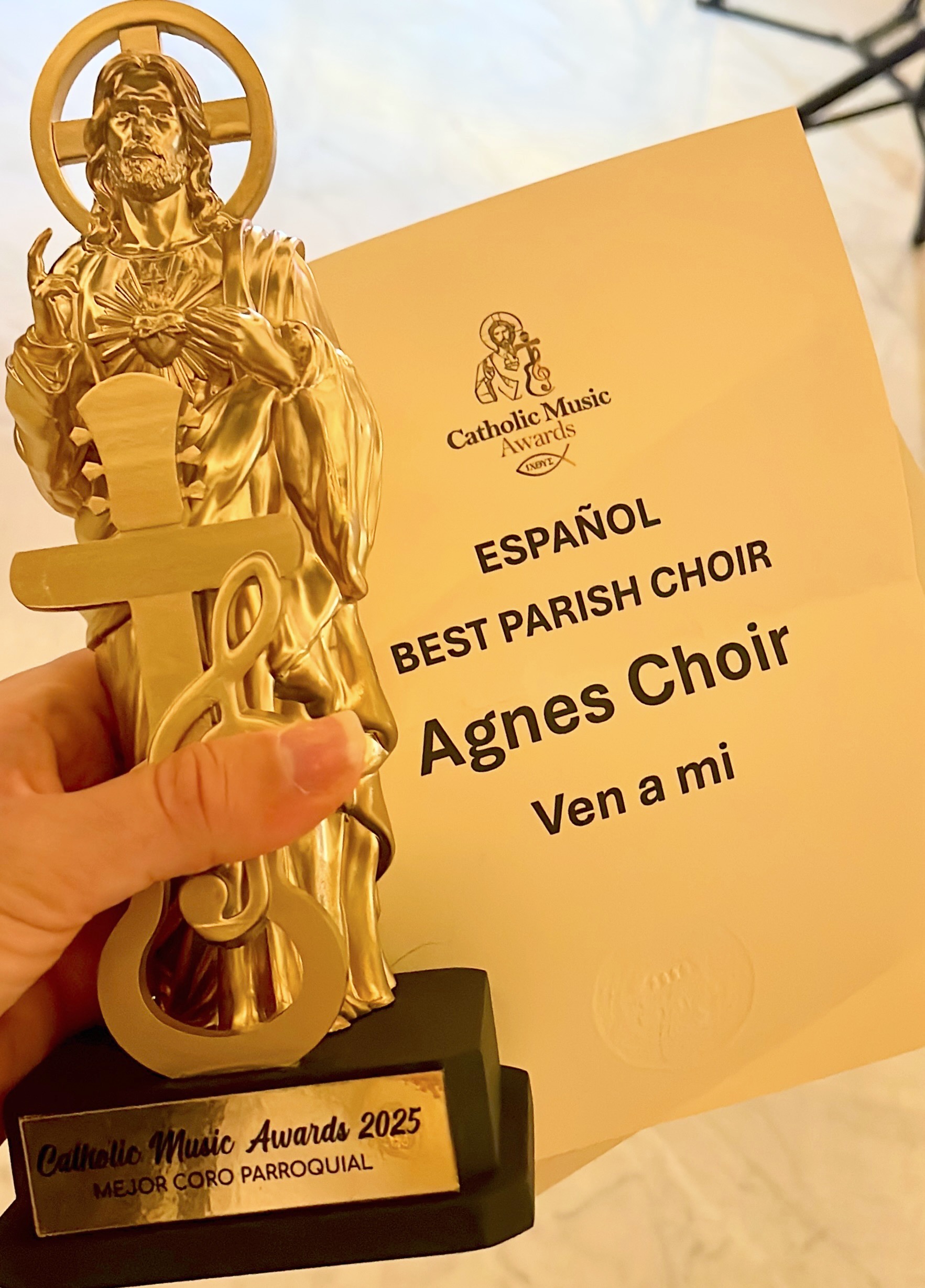 For their original song “Ven a mi,” Agnes Choir was honored with “Best Parish Choir” in the Spanish-language category of the inaugural Catholic Music Awards, which occurred in Rome, Italy July 27, 2025.