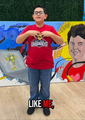 Clark Nieto leads the chorus of "Canonization Day," a short music video created in honor of St. Carlo Acutis by St. Louis Covenant School in Pinecrest, was shared on the school's Instagram page, @stlcovenant, on Sept. 7, 2025.