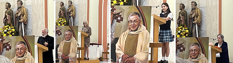 During the street naming ceremony in honor of Father Juan López, who was the pastor of Sts. Peter and Paul Church for 34 years, several attendees spoke about his legacy. From left, Father Juan P. Hernández, the current pastor of Sts. Peter and Paul; Eileen Higgins,  Miami-Dade County commissioner; Sophia Priovolos, eighth-grade student at Sts. Peter and Paul School; and Carlota Morales, former principal of Sts. Peter and Paul School. Due to persistent rain, the ceremony was held inside the church Sept. 12, 2025.