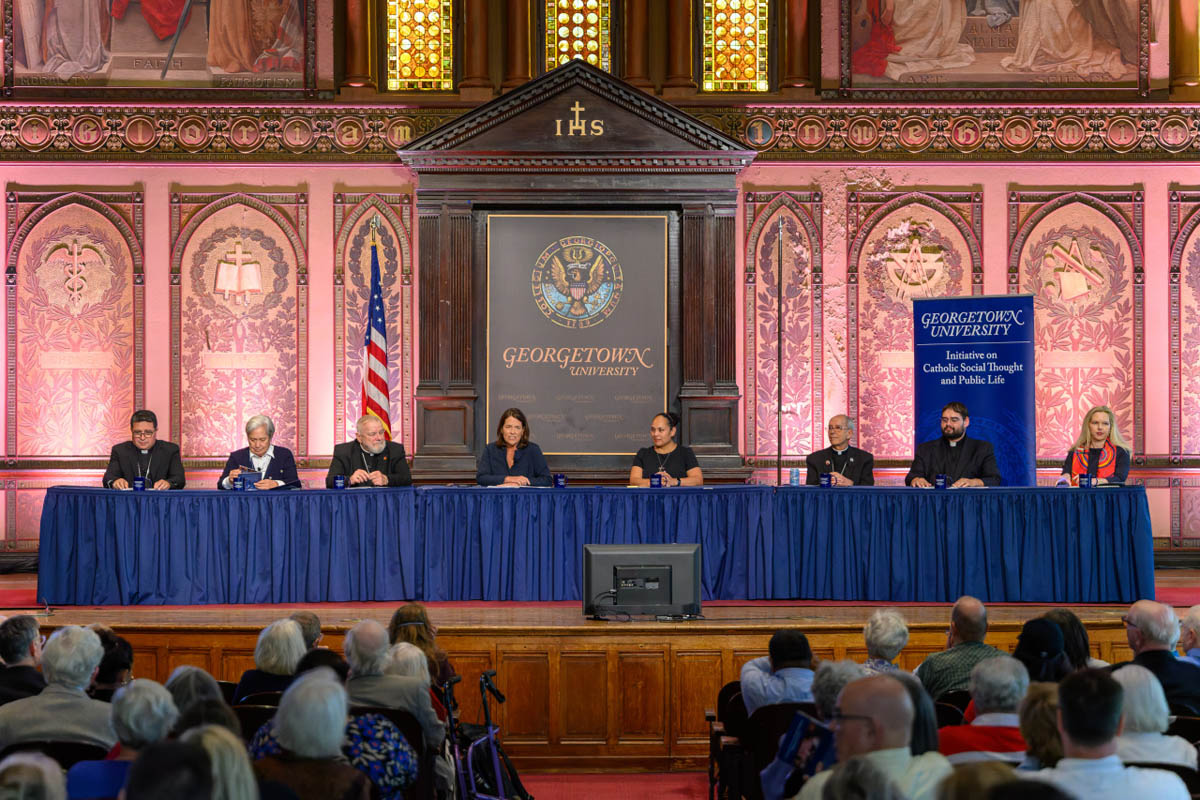 Archbishop Thomas Wenski was invited to participate in a roundtable hosted by Georgetown University, in Washington, D.C., on Sept. 11, 2025 on "Deportations and Assaults on Human Dignity: on Catholic Principles, Human Costs, and Pastoral Challenges. In the photo, from left to right, is Archbishop Jose Gomez, Bishop Evelio Menjivar-Ayala, Sister Norma Pimentel, MJ, Archbishop Thomas Wenski, Kim Daniels, Nichole Flores, Bishop Mark Seitz, Father Guillermo Treviño, and Ashley Feasley.