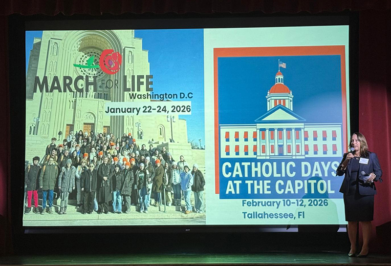 Angela Curatalo, director of the Respect Life Ministry of the Archdiocese of Miami, addressed the audience at the 38th annual Culture of Life State Conference at Archbishop Edward McCarthy High School in Southwest Ranches Oct. 4, 2025.