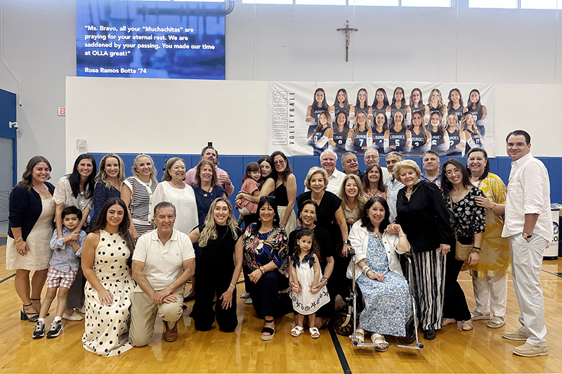 Silvia Bravo Camaraza's family members pose for a photo after the presentation of the Muchachitas Fund, a collaboration with Our Lady of Lourdes Academy in Miami created to celebrate Bravo Camaraza's lasting impact and support for future generations of Lourdes students, Sept. 28 at Our Lady of Lourdes Academy.