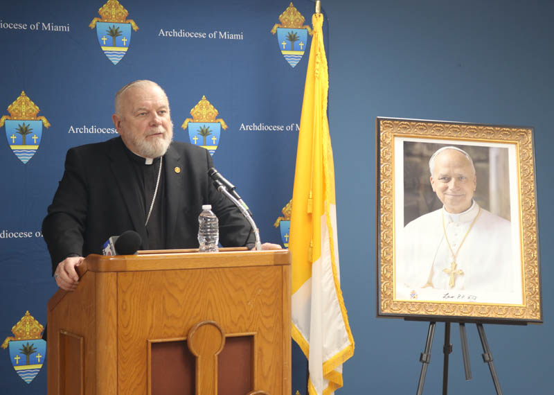 Archbishop Thomas Wenski comment on Pope Leo XIV’s first papal exhortation, Dilexi te, during a press conference at the Pastoral Center Oct. 9, 2025. The document was signed Oct. 4, the feast of St. Francis of Assisi.