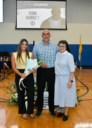 Ignacio Vazquez poses with Victoria Vazquez (left) and Sister Carmen Fernandez, president of Lourdes Academy, after accepting a Legacy of Lourdes Award on behalf of his father, Pedro Vazquez, presented at Our Lady of Lourdes Academy, Miami, on Oct. 5, 2025.