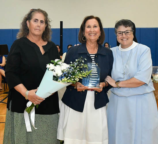 Veronica Recio (center) poses with Gloria Ramos, vice principal for academics at Lourdes Academy, and Sister Carmen Fernandez, president of Lourdes Academy, after receiving a Legacy of Lourdes Award presented at Our Lady of Lourdes Academy, Miami, on Oct. 5, 2025.