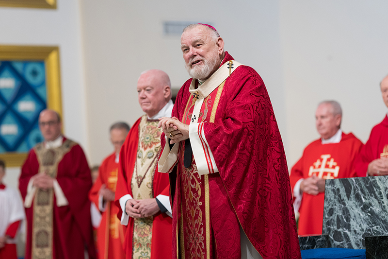 Archbishop Thomas Wenski presided at the 33rd annual Red Mass for Broward County legal professionals, hosted by the St. Thomas More Society of South Florida, Oct. 15, 2025, at St. Anthony Catholic Church in Fort Lauderdale. Archdiocesan priests took part in the Mass. Next to Archbishop Wenski is Father Patrick J. Naughton, parochial vicar at St. Anthony Catholic Church.