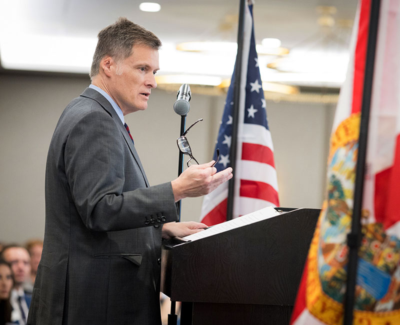 Florida Supreme Court Justice Carlos Muñiz spoke at the reception following the annual Red Mass hosted by the St. Thomas More Society of South Florida in Fort Lauderdale, Oct. 15, 2025.