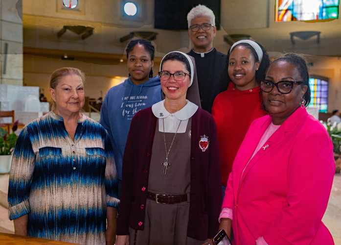 Catechists from Our Lady of Mercy Parish in Deerfield Beach pose together at St. Mark the Evangelist Parish in Southwest Ranches during the Archdiocese of Miami Catechetical Conference on Oct. 24, 2025. In the photo is Pat Montalvo, who teaches 4,5 and 6 years olds, Sara Saint Germaine, Sister Karen Muniz, director of the archdiocesan Office of Catechesis, Father Jesus Medina, pastor of St. Peter the Fisherman Parish in Big Pine Key, Joanna Saint Germaine, and Dahlia Steele Hui, who received the Esperanza Ginori Award.