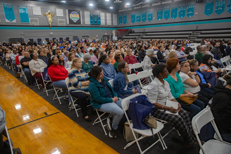 Catechists listen to keynote speaker, Sarah Christmeyer, during the Archdiocese of Miami Catechetical Conference held Oct. 24, 2025 at Archbishop Edward McCarthy High School in Southwest Ranches.