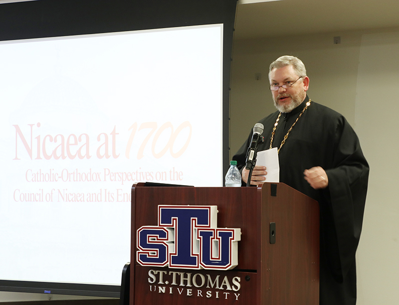 Father Joseph Lucas, rector of Christ the Savior Orthodox Cathedral in Miami Lakes, and one of the organizers of the Nicaea 1700 talk, welcomes attendees at the event held Nov. 17, 2025, at St. Thomas University in Miami Gardens.