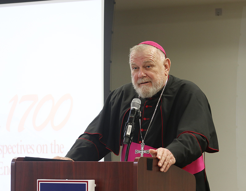 Archbishop Thomas Wenski talks about the importance of the Council of Nicaea for Christians, which was held 1,700 years ago, during a talk organized by St. Thomas University in Miami Gardens on Nov. 17, 2025.