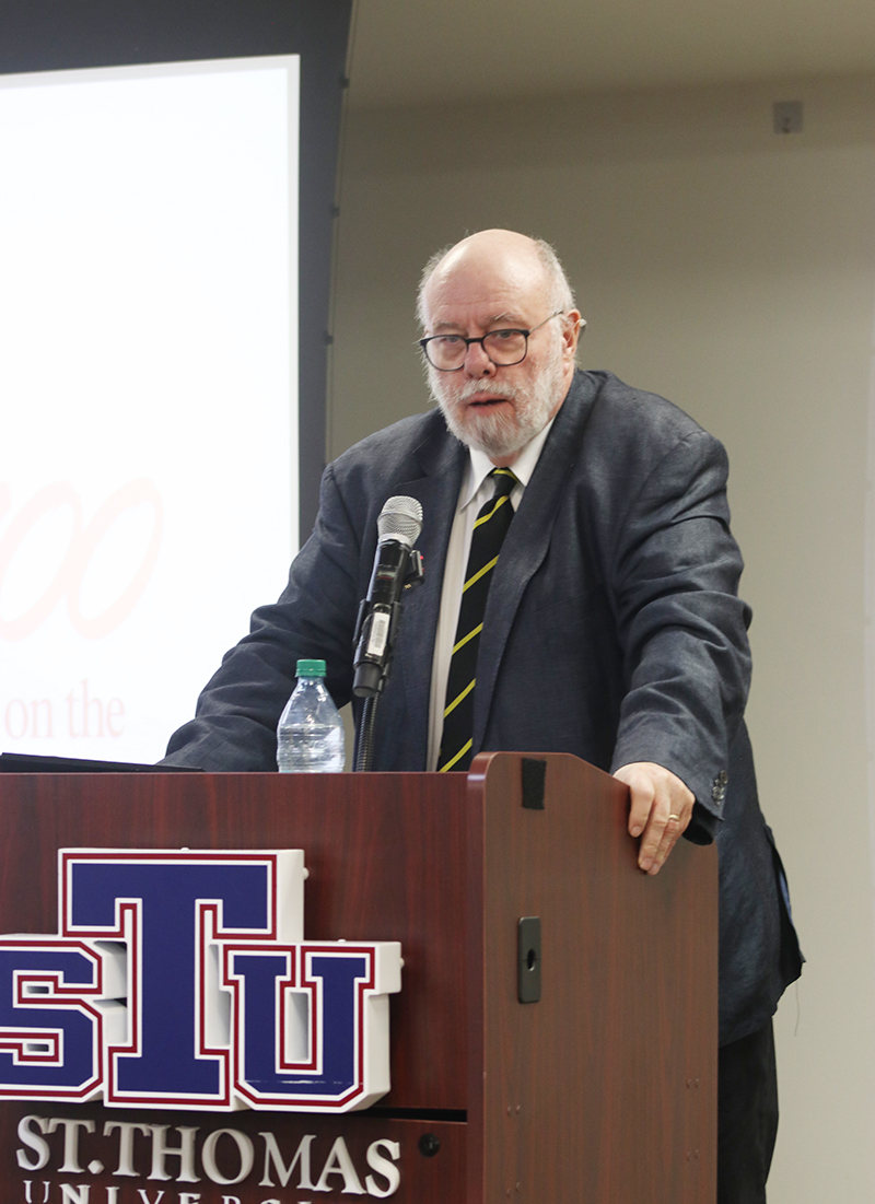 William J. Tighe, a history professor at Muhlenberg College and a member of St. Josaphat Catholic Church in Pennsylvania, speaks about “The Papacy and the Council of Nicaea,” from a Catholic perspective, during the Nicaea 1700 talk organized by St. Thomas University in Miami Gardens on Nov. 17, 2025.