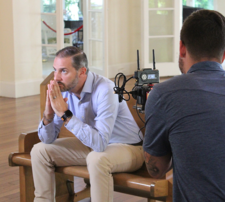 Jorge Santibañez, parish manager and director of religious education at Church of the Little Flower in Coral Gables, participates in the 2026 Archbishop’s Charities and Development Drive (ABCD) campaign video, filmed Aug. 29, 2025. The video will be shown in all parishes in the Archdiocese of Miami for ABCD Commitment Weekend, Jan. 24–25, 2026.