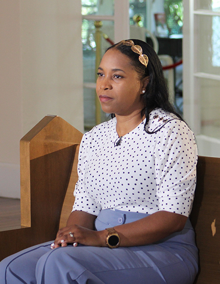 Erika Duge, a religious education teacher at Notre Dame d’Haiti Mission in Miami, participates in the 2026 Archbishop’s Charities and Development Drive (ABCD) campaign video, filmed Aug. 29, 2025. The video will be shown in all parishes in the Archdiocese of Miami for ABCD Commitment Weekend, Jan. 24–25, 2026.