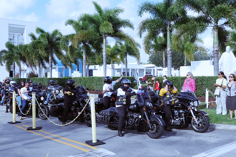 Member of the Knights on Bikes getting ready for the start of the Archbishop’s Motorcycle Ride at Our Lady of Guadalupe Church in Doral on Sunday, January 25.