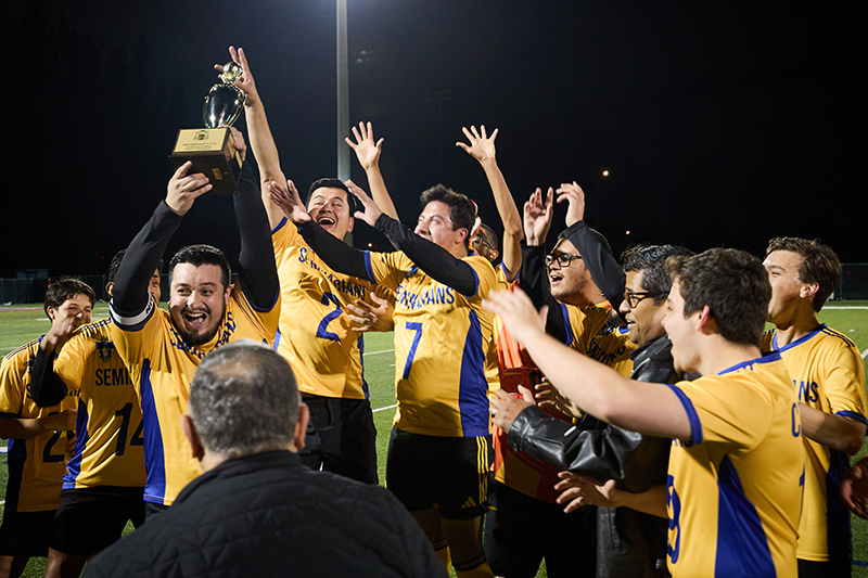 Seminarians celebrate their 7-1 victory over the priests. This is their fourth consecutive win at the Archbishop&Otilde;s Cup played at St. Thomas University in Miami Gardens, Jan. 16, 2026.