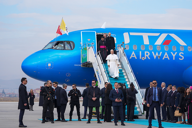 Pope Leo XIV arrives by plane from Rome in Ankara, Turkey, Nov. 27, 2025, at the beginning of his first international papal trip. The Vatican announced Feb. 25, 2026, that Pope Leo will travel to Monaco, Algeria, Cameroon, Angola, Equatorial Guinea and Spain. (CNS photo/Lola Gomez)
