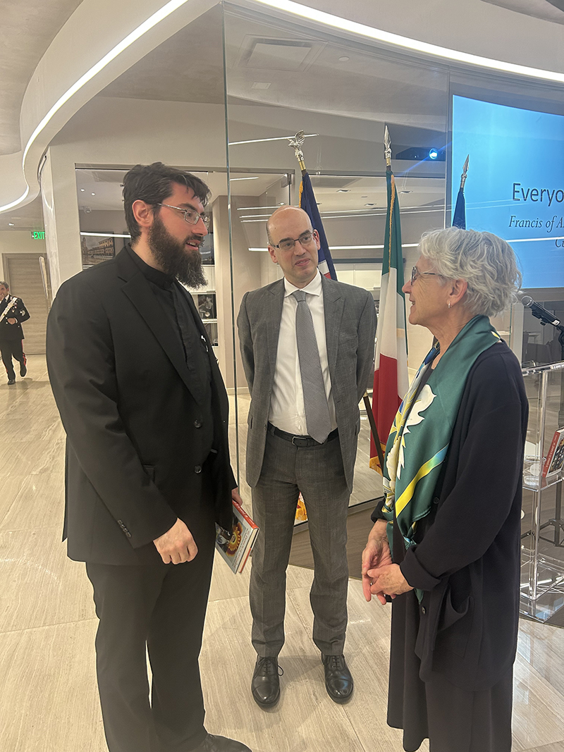 Father David Zallocco speaks with Prof. Patricia Appelbaum, author of “St. Francis of America: How a Thirteenth-Century Friar Became  America’s Most Popular Saint,” at the Italian Institute of Culture on Jan. 20, 2026. Looking on is the institute director Stefano Cerrato.