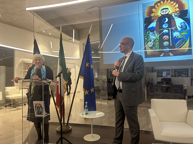 Prof. Patricia Appelbaum lectures on the spiritual and cultural legacy of St. Francis of Assisi in the United States at the Italian Institute of Cultural of Miami located in Coral Gables. Standing next to her is Stefano Cerrato, director of the Institute. The event marked the 800th anniversary of his death.
