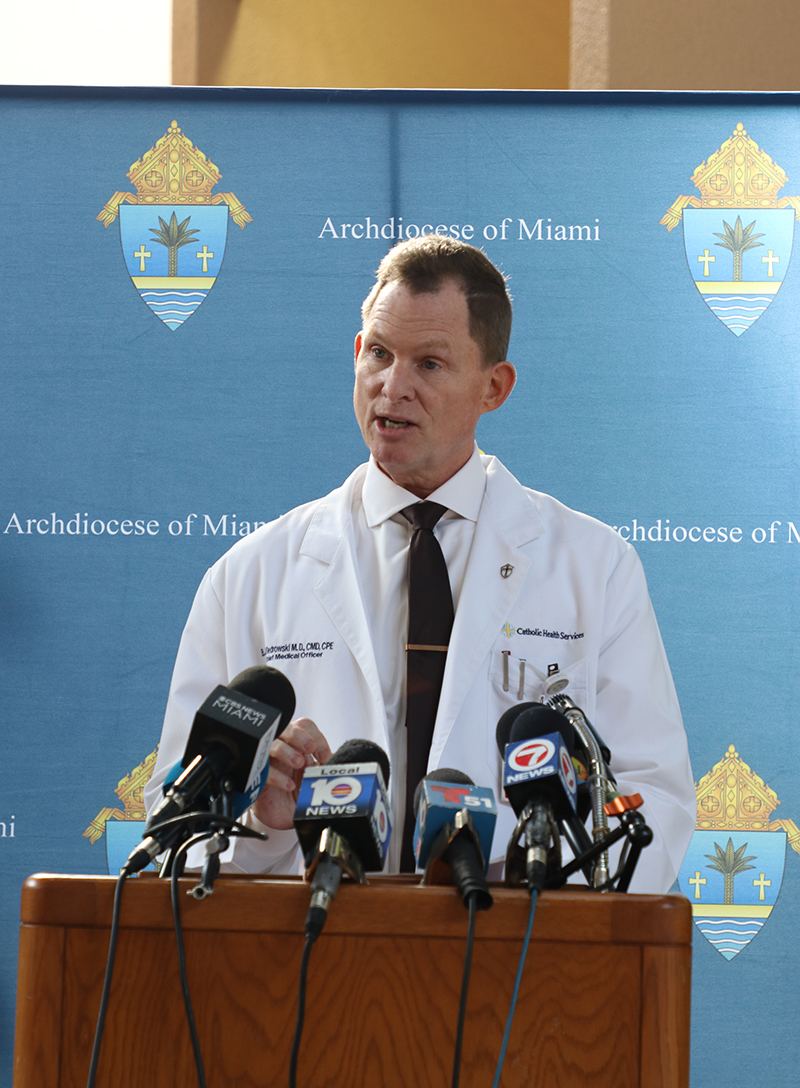 Brian Kiedrowski, chief medical officer of Catholic Health Services (CHS), said the loss of Temporary Protected Status (TPS) for Haitians would have immediate and painful consequences for elderly care and healthcare services across South Florida during a press conference requesting an extension of TPS for Haitians on Jan. 27, 2026, at the Pastoral Center in Miami Shores.