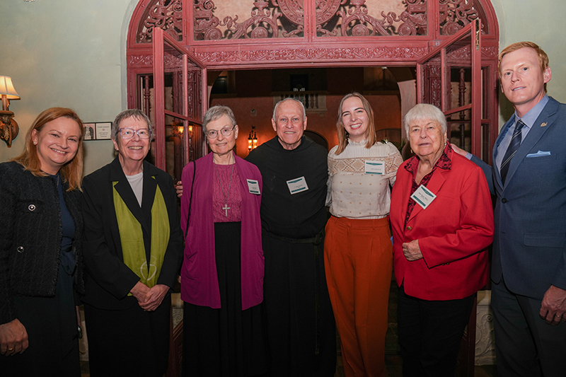 Pictured at Carrollton School of the Sacred Heart on Feb. 11, 2026 are, from left,  Head of School Heather Gillingham, Provincial of the Sacred Heart US-Canada Province Sister Suzanne Cooke, theologian Sister Carolyn Osiek, Villanova University director of mission and ministry Father Arthur Purcano, Vatican correspondent Colleen Dulle, former Head of School Sister Ann Talyor, and President Patrick Coyle.