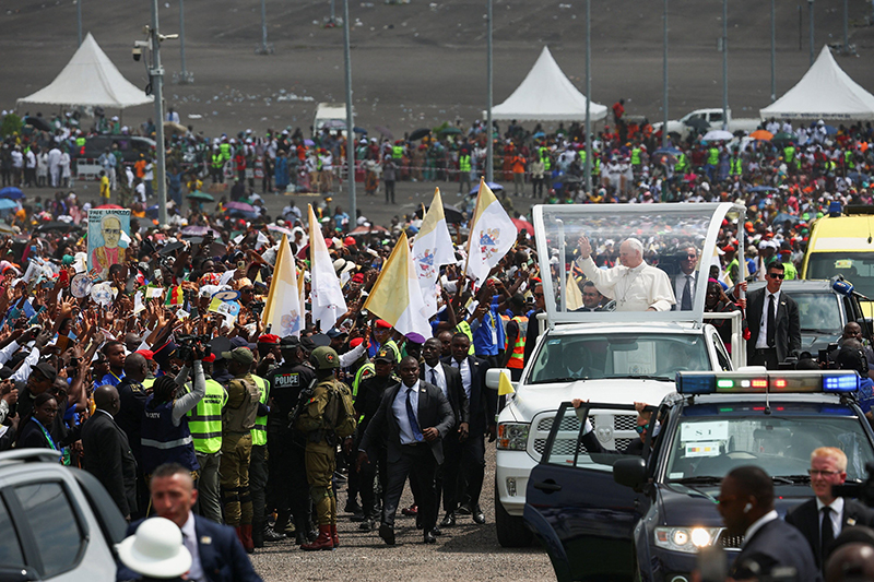 Pope Leo XIV arrives to hold a Mass near Japoma Stadium in Douala, Cameroon, April 17, 2026. (OSV News photo/Guglielmo Mangiapane, Reuters)