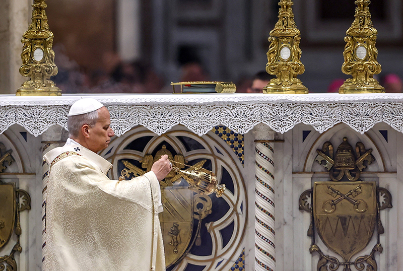 Pope Leo XVI swings the censer near the altar as he celebrates the Holy Thursday Mass of the Lord's Supper in the Basilica of St. John Lateran at the Vatican April 2, 2026. (OSV News photo/Vincenzo Livieri, Reuters)