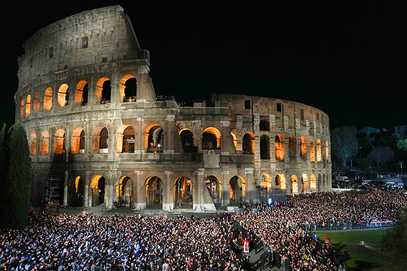 Pope Leo XIV leads the Way of the Cross at the Colosseum in Rome April 3, 2026. (CNS photo/Lola Gomez)