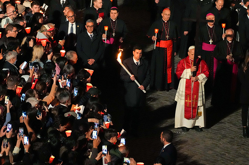 Pope Leo XIV leads the Way of the Cross at the Colosseum in Rome April 3, 2026. (CNS photo/Lola Gomez)