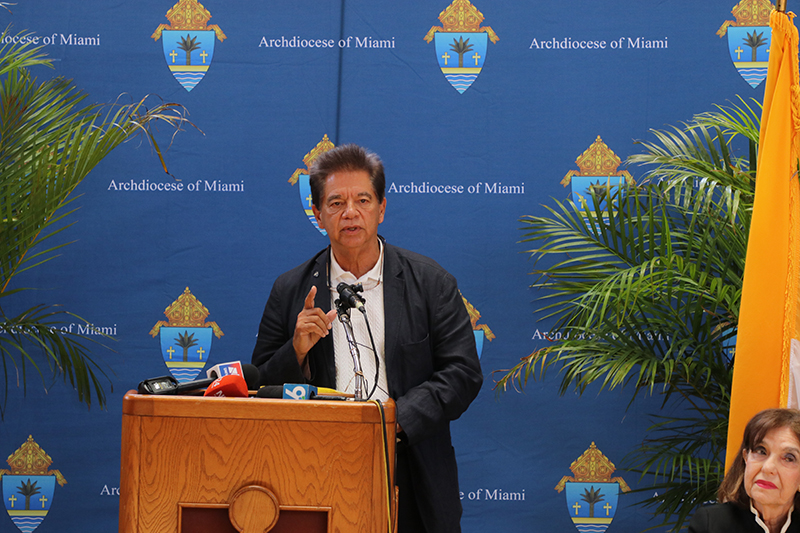 Peter Routsis-Arroyo, CEO of Catholic Charities of the Archdiocese of Miami, asked the government to recognize the importance of the history of the Unaccompanied Minor Program and reconsider the decision to cancel the  million U.S. government contract with Catholic Charities of Miami during a press conference with Archbishop Thomas Wenski April 16, 2026, at the Pastoral Center in Miami Shores.