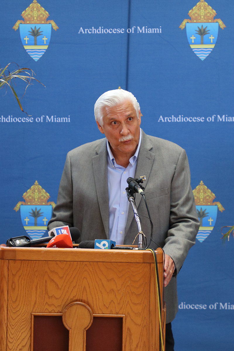 Javier Llorens, Pedro Pan board of directors first vice president, participated in a press conference with Archbishop Thomas Wenski regarding the cancellation of the  million U.S. government contract with Catholic Charities of the Archdiocese of Miami on April 16, 2026, at the Pastoral Center in Miami Shores.
