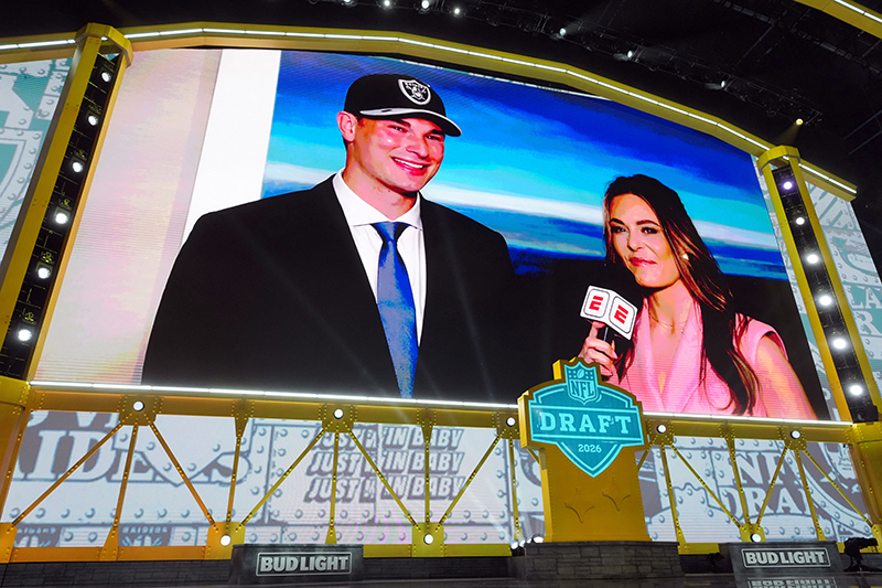 Former Indiana Hoosiers quarterback Fernando Mendoza is projected on the screen at the NFL draft in Pittsburgh from the Miami suburb of Coral Gables April 23, 2026. That evening he was selected by the Las Vegas Raiders as the No. 1 pick during the 2026 NFL draft at Pittsburgh's Acrisure Stadium. (OSV News photo/: Kirby Lee-Imagn Images via Reuters)