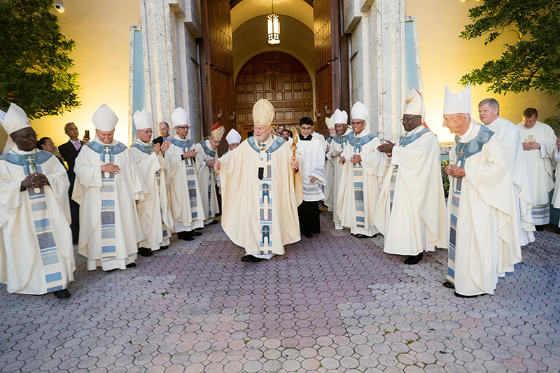 On May 15 at a Jubilee Mass of Thanksgiving and reception at St. Mary’s Cathedral in Miami on his 50th anniversary of ordination to the priesthood, Miami Archbishop Thomas Wenski greets clergy and fellow bishops from Florida and the region as he exits the Cathedral following Mass.