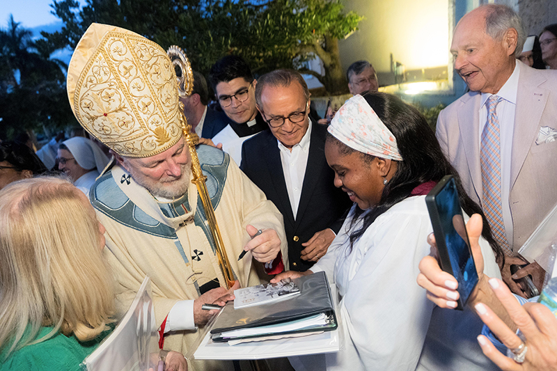 On May 15 at a Jubilee Mass of Thanksgiving and reception at St. Mary’s Cathedral in Miami on his 50th anniversary of ordination to the priesthood, Miami Archbishop Thomas Wenski greets well-wishers as he exits the Cathedral following Mass.