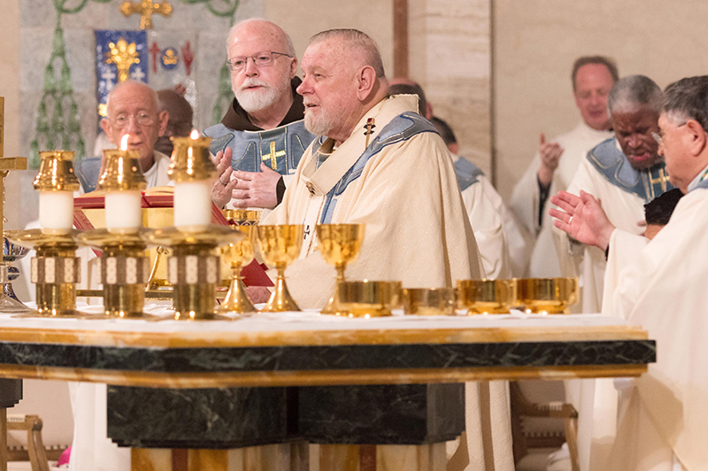 On May 15 at a Jubilee Mass of Thanksgiving and reception at St. Mary’s Cathedral in Miami on his 50th anniversary of ordination to the priesthood, Miami Archbishop Thomas Wenski celebrates Mass. To his right is Cardinal Seán Patrick O'Malley OFM Cap, Archbishop Emeritus of Boston.