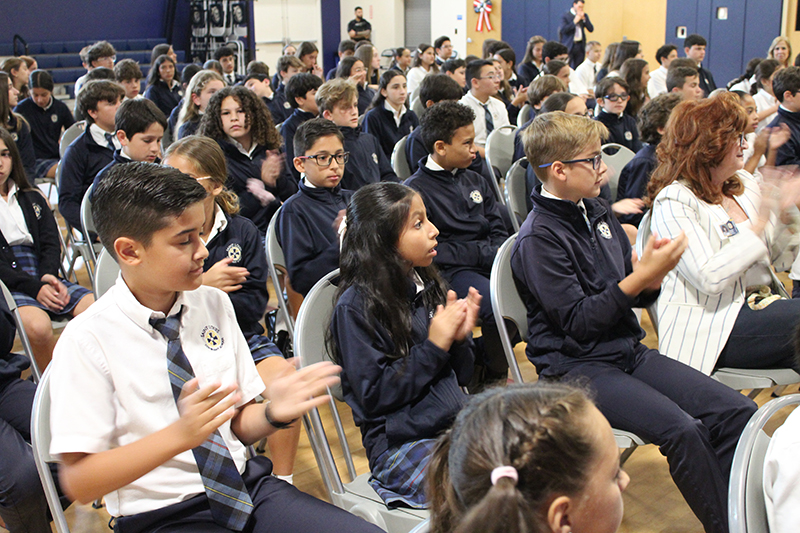 May 11, 2026PINECRESTSt. Louis Covenant School students, teachers and staff welcome U.S. Supreme Court Justice Neil Gorsuch and author Janie Nitze with applause. The duo visited the school in Pinecrest May 11, 2026, to present their new book "Heroes of 1776: The Story of the Declaration."