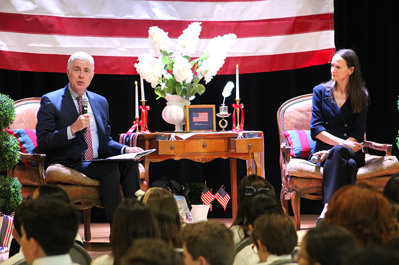 May 11, 2026PINECRESTU.S. Supreme Court Justice Neil Gorsuch speaks toSt. Louis Covenant School students, teachers and staff May 11, 2026 during the presentation of his new book "Heroes of 1776: The Story of the Declaration," co-written with Janie Nitze (right).