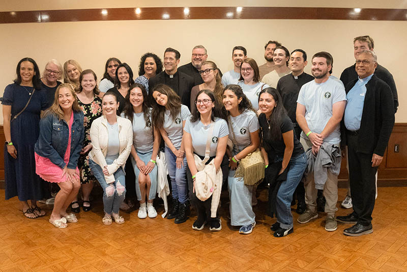 Father Mike Schmitz, a diocesan priest in the Diocese of Duluth, Minnesota and a popular priest on social media, meets with young adults from St. David Parish in Davie at the Broward Center for the Performing Arts in downtown Fort Lauderdale May 20, 2026. Father Schmitz spoke in three Florida cities in May as part of his Parables Tour.