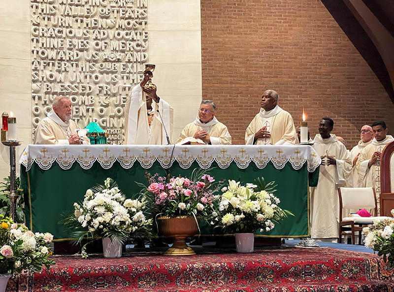 From left, Archbishop Thomas Wenski concelebrates a Mass of Solidarity with Cardinal Chibly Langlois of Les Cayes, Haiti; Archbishop Robert G. Casey of Cincinnati, Ohio; and Bishop Jacques Fabre-Jeune of Charleston, South Carolina July 28, 2026 at Our Lady of Sorrows Parish in Takoma Park, Maryland. The four traveled to Washington, D.C. to advocate for an extension of Haitian TPS (Temporary Protected Status). (Courtesy United States Conference of Catholic Bishops)