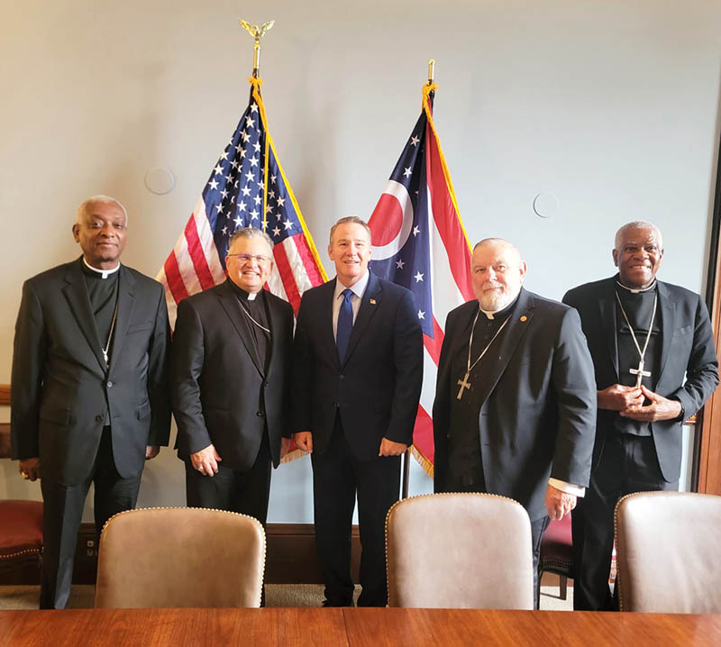 Ohio Senator Jon Husted, at center, meets with Cardinal Chibly Langlois of Les Cayes, Haiti; Archbishop Robert G. Casey of Cincinnati, Ohio; Archbishop Thomas Wenski of Miami, Florida; and Bishop Jacques Fabre-Jeune of Charleston, South Carolina July 28, 2026 in Washington, D.C. The prelates traveled to the capital city to advocate for an extension of Haitian TPS. (Courtesy United States Conference of Catholic Bishops)