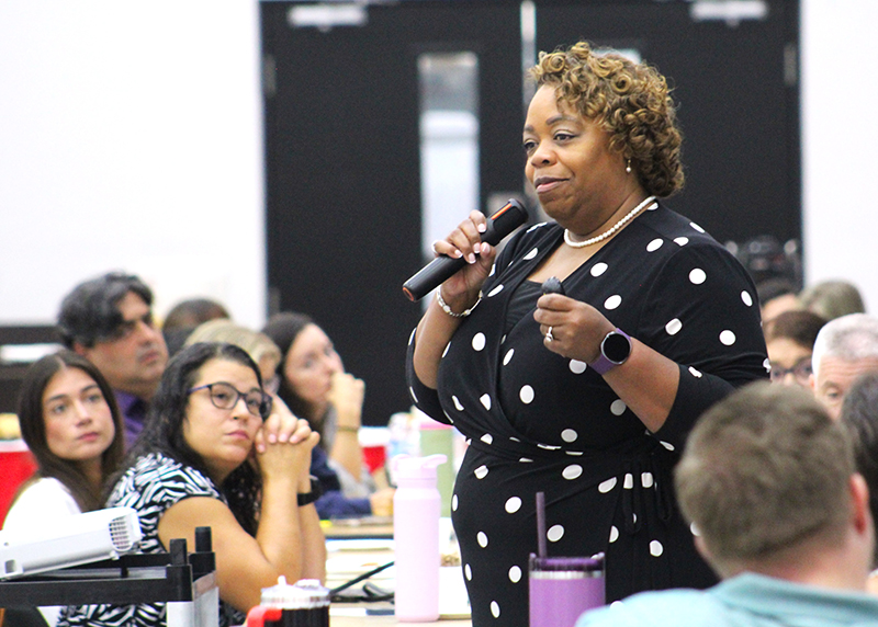 Dr. LaTonya White, associate superintendent for teaching and learning for Catholic schools of the Archdiocese of Miami, leads her session on academic practices during the New Teacher Orientation hosted Aug. 4, 2026 at Monsignor Edward Pace High, in Miami Gardens.
