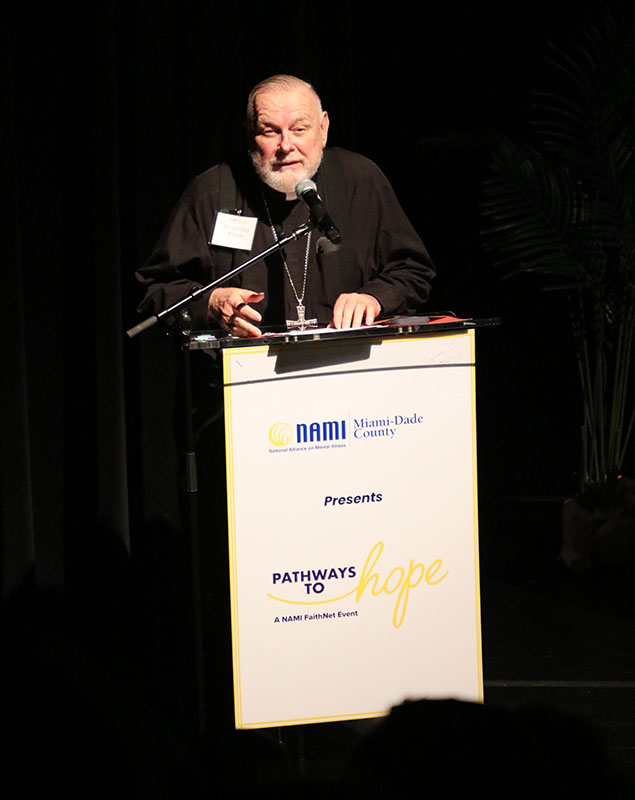Archbishop Thomas Wenski presents the keynote speech Aug. 21, 2026, at the Pathways to Hope Conference in Miami hosted by NAMI (National Alliance on Mental Illness). Archbishop Wenski discussed the collaboration between medical treatments and faith to promote mental health.
