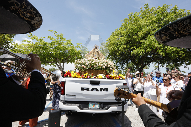 Mariachis perform for Our Lady of Charity at St. Joachim Parish in Miami Aug. 22, 2026. The parish was the sixth of nine stops during a 35-mile motorcade procession through Miami-Dade County.