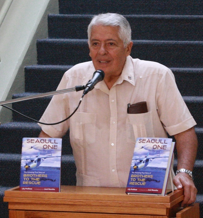 Jose Basulto, founder of Brothers to the Rescue, speaks at St. Thomas University during a Hispanic heritage event. His group is the subject of a new book, "Seagull One: The Amazing True Story of Brothers to the Rescue".